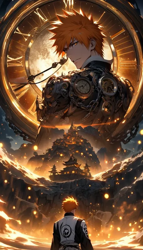 absurdres, highres, ultra detailed, HDR, master piece, best quality, extremely detailed face and eyes, Kurosaki Ichigo, orange hair, expressive brown eyes, Bleach, solo, sexy man, handsome, clock mechanical moon, fantasy, chains, cool scenery, fireflies