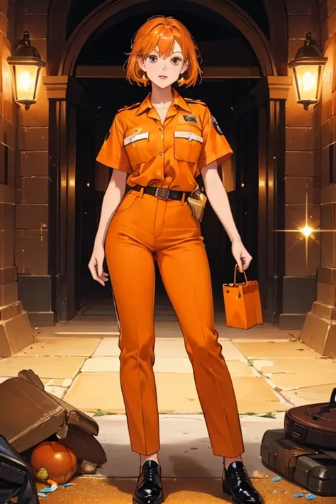 She is a tan  with brownish-tan lips and orange hair. She wears an orange prisoner uniform that consists of an orange collared shirt with a label and orange pants. She also wears black shoes. SPARKLE; GLITTER