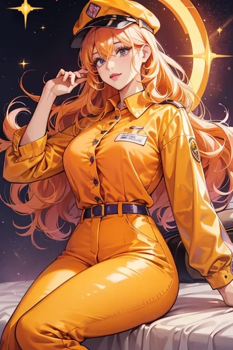 She is a lavender  with curly yellow hair and large pink lips. She wears an orange prisoner uniform that consists of an orange collared shirt with a label, orange pants that cover up her feet, and an orange cap. SPARKLE; GLITTER