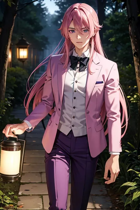 A handsome pink haired man with violet eyes with long hair in a magical student is walking in the forest at night with lanterns