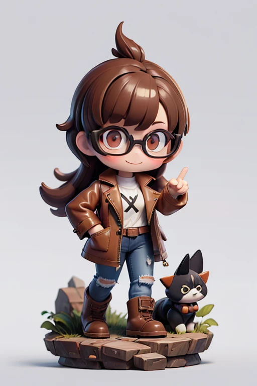 A girl with impressive medium-length shaggy brown hair、rebellious 80s punk hairstyle、long heavy leather coat, white shirt with unbuttoned top button, jeans、Sarcastic smile, Brown eyes, glasses with lenses、Chunky hiking boots、dynamic pose