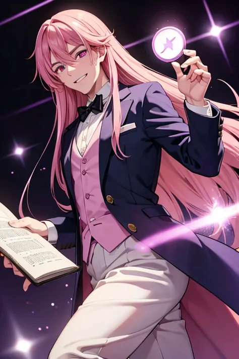 A handsome pink haired man with violet eyes with long hair in a magical student is working on a spell with a nervous smile