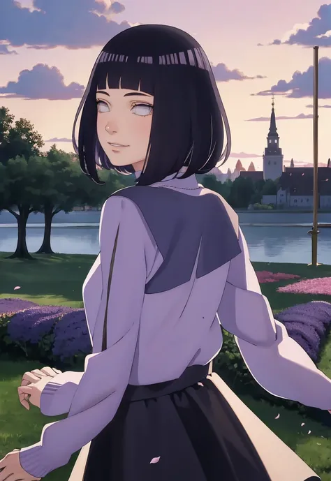 Meisterwerk, absurdres, Hinata(Boruto), 1girls, nur,reifes Weibchen, lila Kapuzenpullover,layered sleeves, braune Hose, al fresco,Lavendelblütenfeld, Blick auf den Betrachter, (falling petals), overcast sky, Perfekte Komposition, Detaillierte Lippen, large...