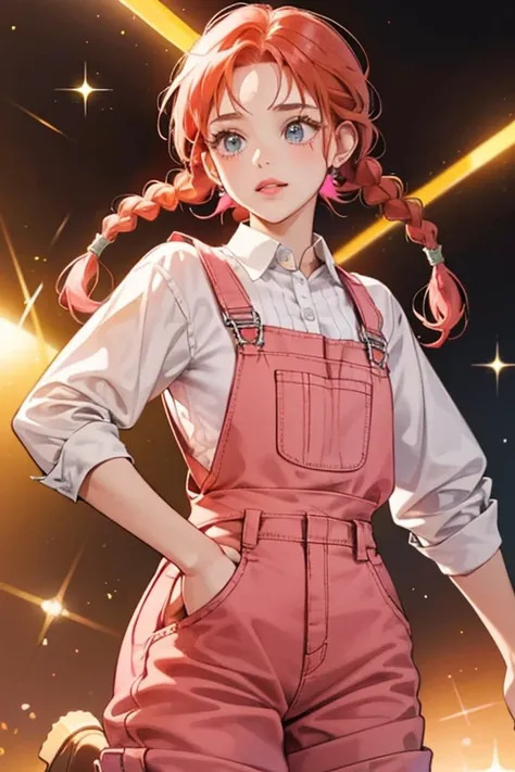 She is an orange  with pink lips, and red hair with twin braids. She wears a pink collared shirt with a white undershirt, blue overalls with yellow buttons, and brown cowboy boots. SPARKLE; GLITTER