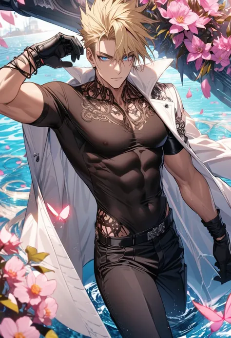 Ultra detailed, Highres, absurdres, Vash Stampede, blond hair, blue eyes, amber round sunglasses, white long coat with patterns, Trigun, pink flowers, petals, extremely handsome, sexy man, toned chest, solo, very detailed eyes and face, black gloves, water...