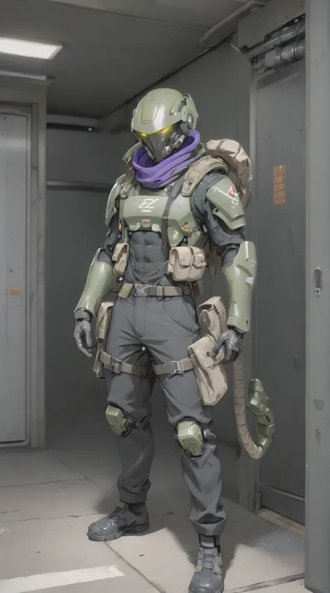 male soldier, snake style, sci-fi olive green helmet with purple visor, black scarf. black baggy pants. olive green shirt, tactical vest and shoulder pads. post acpoalyptic male survivor, soldier, the Enclave fallout, power armor x-01, fallout powerarmor, ...