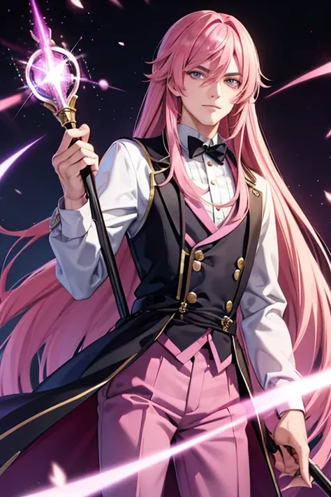 A handsome pink haired man with violet eyes with long hair in a magical student is holding his broom