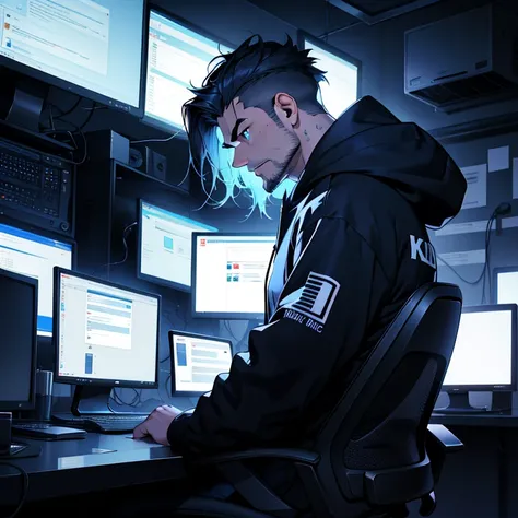 Hacker: A solitary figure in a dimly lit room, focusing intently on his computer screen. His shoulders are slouched, a hoodie covering his thick brows and masking his identity. The room is filled with wires and blinking lights, the hum of machinery providi...