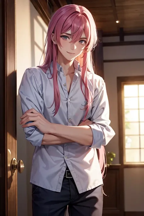 A handsome pink haired man with violet eyes with long hair in a magical student is leaning on a door frame with a smile