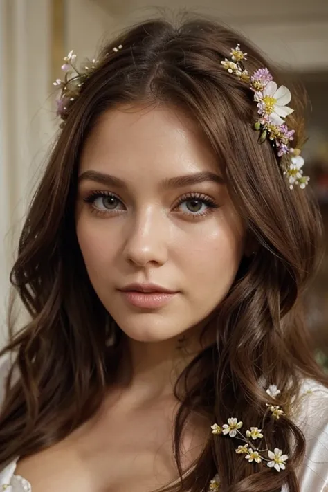 a close up of a woman con flores in her hair, una foto de Marie Bashkirtseff, tumblr, Art Nouveau, con flores, preciosa cara delicada, maquillaje de marfil, maquillaje de marfil on the eyes, Ethereal beauty, (((flores en el pelo))), flores en el pelo, herm...