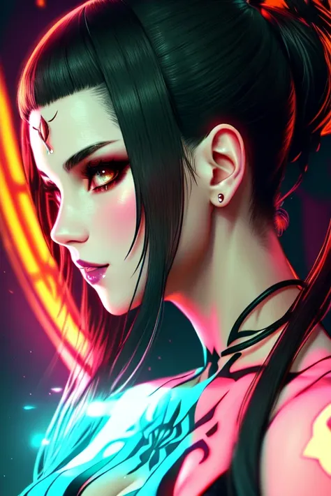 detailed close portrait Eliza Tekken, neon futurista cyberpunk, casaco reflexivo inchado, decorado com ornamentos tradicionais japoneses por ismail inceoglu dragan bibin hans thoma greg rutkowski alexandros pyromallis nekro rene maritte ilustrado, detalhes...