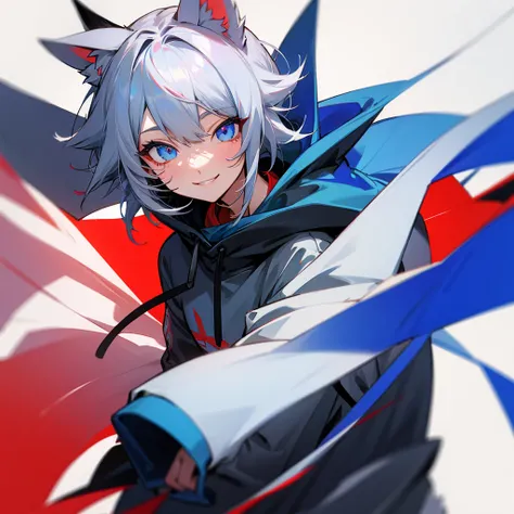 Gray Hair　Cat ear　Red and Blue Odd Eye　Blue hoodie　Smiling