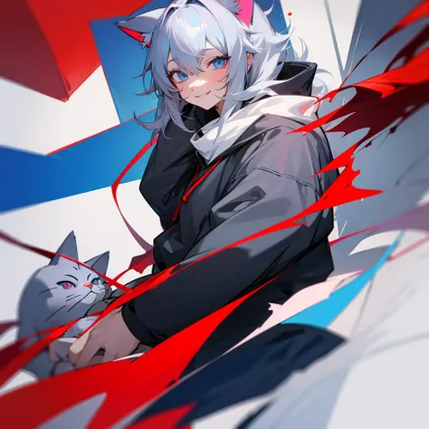 Gray Hair　Cat ear　Red and Blue Odd Eye　Blue hoodie　Smiling