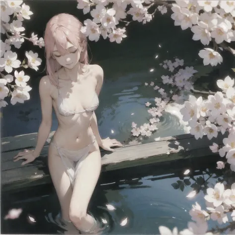 Beautiful slender thin exquisite naked girl with a perfect southern type face with pink hair with tender breasts with tender nipples barefoot (((lies))) on the veranda of the house under the cherry blossoms and dreamily looks at the flowers, Coffee, in a g...