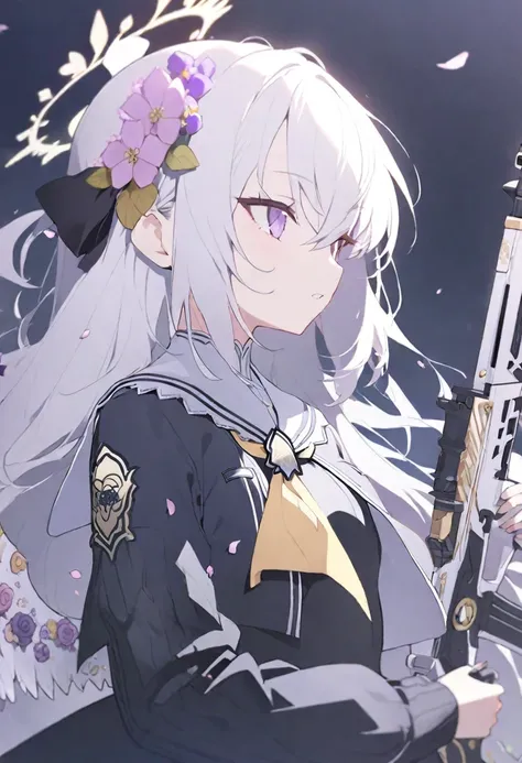 1girl angel_wings ascot assault_rifle black_dress bullet cardigan dress flower from_side gas_mask gun hair_flower hair_ornament halo holding holding_gun holding_mask holding_weapon injury long_hair m4_carbine mask petals purple_eyes rifle solo weapon white...