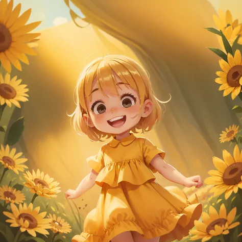 A happy six-year old girl, blonde hair, yellow dress, focus on face only, cute girl