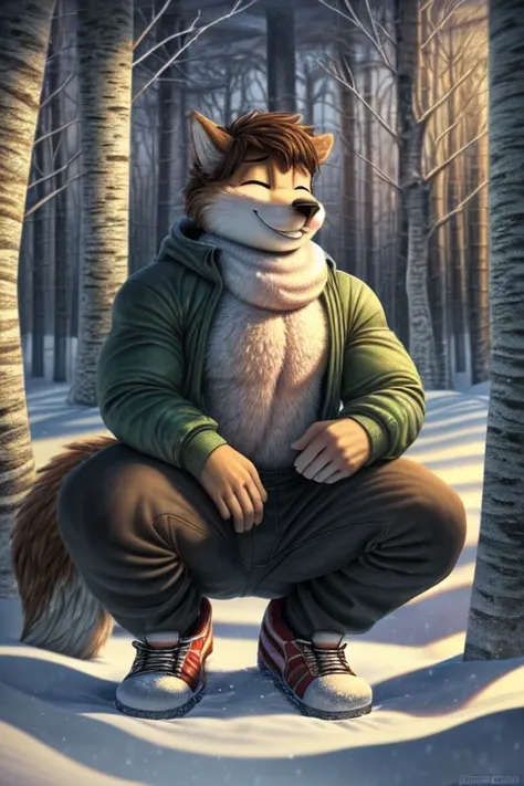 ((best quality)), ((masterpiece)), (detailed), perfect face, Furry, male, anthropomorphic wolf, Russet brown fur, dark brown hair, dark green eyes, 61 and 173 lbs, 41" Chest, 19" Shoulders, 13" Biceps, 32" waist, 23" Thighs, 15" Calves, 19" Back, wearing S...