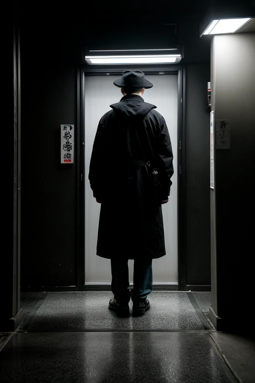 恐ろしくdarkバス停の標識，Cloudy，65-year-old male，Fearful expression，Wear a hat，Sit and wait in front of the bus stop sign，Holding hands，Wearing black casual clothes，Faint lighting，serious face，Tell a story，Realistic，Lesbians all over，Scary atmosphere，Storytelling，As...