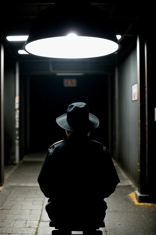 恐ろしくdarkバス停の標識，cloudy，65 years old man，Fearful expression，Wear a hat，Sit and wait in front of the bus stop sign，Hand in hand，wearing black casual clothes，Faint lighting，serious face，Tell a story，Realistic，Lesbians all over the world，Scary atmosphere，Storyt...