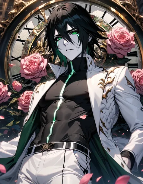 absurdres, highres, ultra detailed, HDR, masterpiece, extremely detailed face and eyes, perfect face, Ulquiorra Cifer, black hair, hair between the eyes, expressive green eyes, pale skin, Bleach, solo, sexy man, handsome, white coat, tight black shirt, whi...