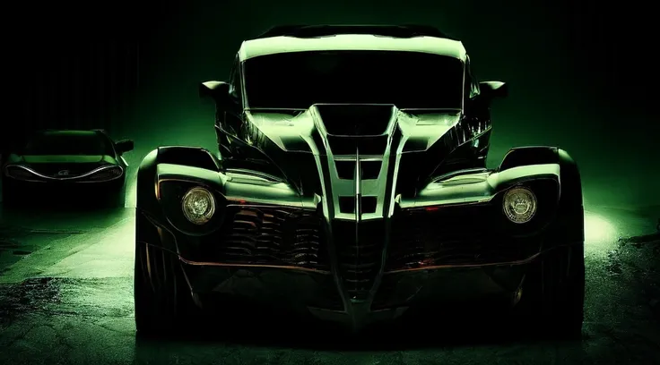 arafed image of a car with a skull on the front grill, sinister and stylish, vampire, the creature sits in a car, sinister looking, villian, evil villain, wraith, bladerunner car, l vampire, sinister, with cool headlights, black car, badass batmobile car d...