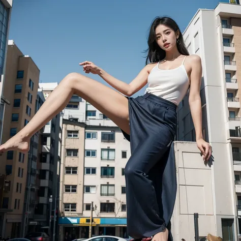 A full-body photorealistic image of a stunningly beautiful giantess, standing approximately 10 meters tall, casually leaning against a three-story building with one foot resting on the rooftop. Her posture is relaxed, one arm bent and resting against the w...