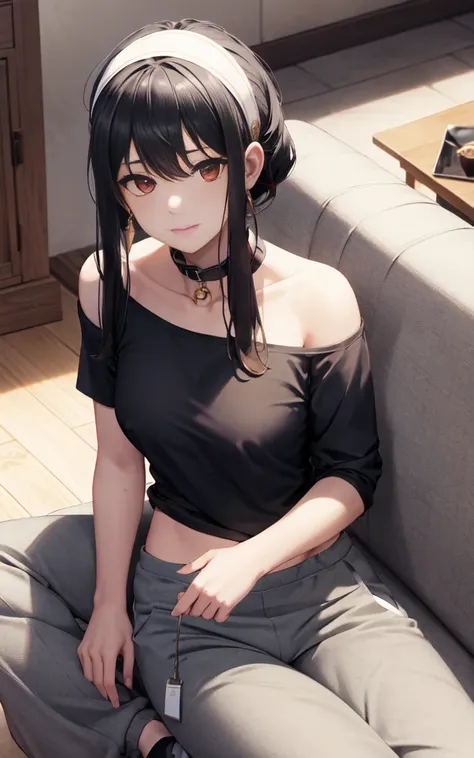 yor forger yor briar,spyxfamily, madsterpiece), black tshirt, tight shirt, baggy sweatpants, sweatpants, cleavege, single shoulder stop, off shoulder, collar bone, white headband, gold earrings, natural makeup, staring at viewer, sitting on couch, bare nec...