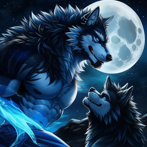 (Detailed description of Lobo, a muscular and furry anthropomorphic wolf:)
Lobo, a rugged and powerful middle-aged wolf with a muscular build, gazes up at the silvery Full Moon with unyielding fascination. His piercing aqua blue eyes gleam in the night, mi...