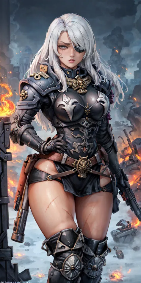 (masterpiece:1.2), (best quality:1.2), perfect eyes, perfect face, perfect lighting, 1girl, mature whore sororitas with bolter g...