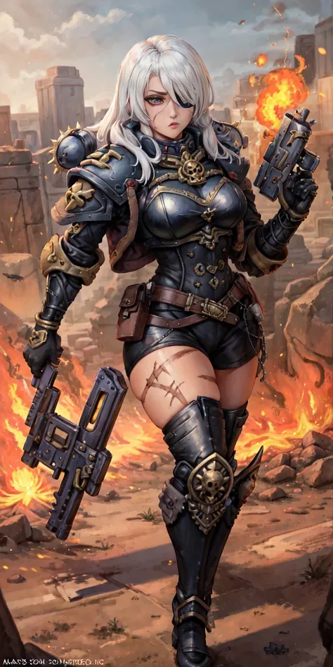 (masterpiece:1.2), (best quality:1.2), perfect eyes, perfect face, perfect lighting, 1girl, mature whore Sororitas with bolter gun in hands, scar over one eye, eyepatch, white hair, skulls on the ground, warhammer 40k, chaos, fire, scifi, detailed battlefi...