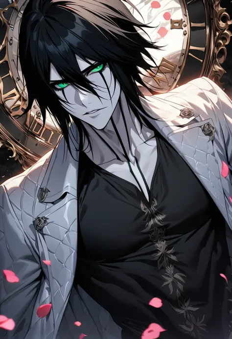 absurdres, highres, ultra detailed, HDR, masterpiece, extremely detailed face and eyes, perfect face, Ulquiorra Cifer, black hair, hair between the eyes, expressive green eyes, pale skin, Bleach, solo, sexy man, handsome, white coat, tight black shirt, pat...