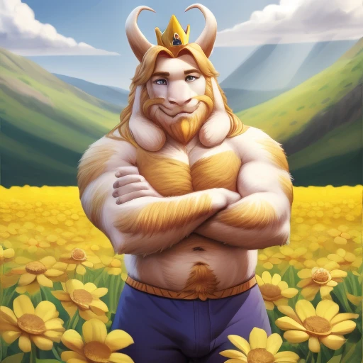 asgore, plump, bara, (pose:1.3), (posing:1.3), (soft shading), 4k, hi res, five fingers, detailed hands, ((detailed face, (detailed eyes:1.0), detailed)), (full body), by zackarry911, by zaush, (by personalami:0.5), standing, full body, male focus, no huma...