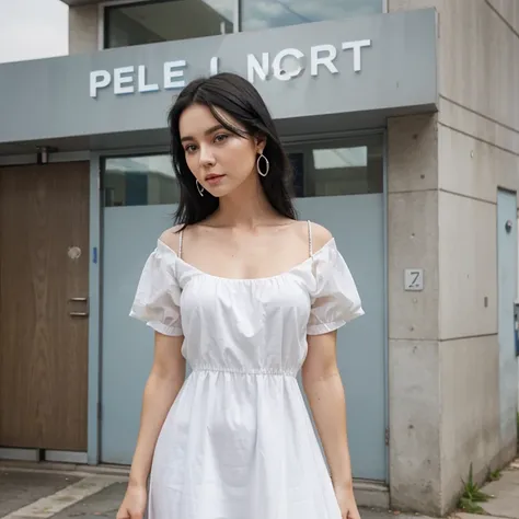 1 woman, black hair, blue pupils, delicate face, cute, love earrings, white dress, standing in front of the police station, surreal