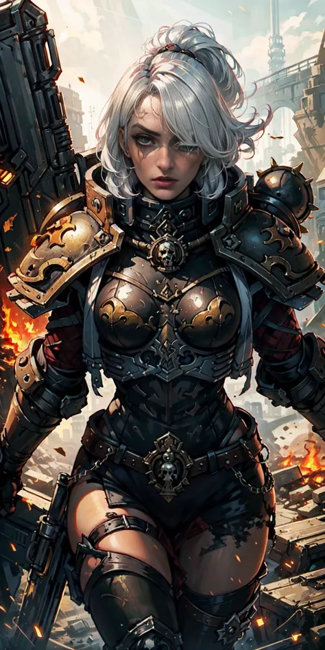 (masterpiece:1.2), (best quality:1.2), perfect eyes, perfect face, perfect lighting, 1girl, mature whore sororitas with bolter g...