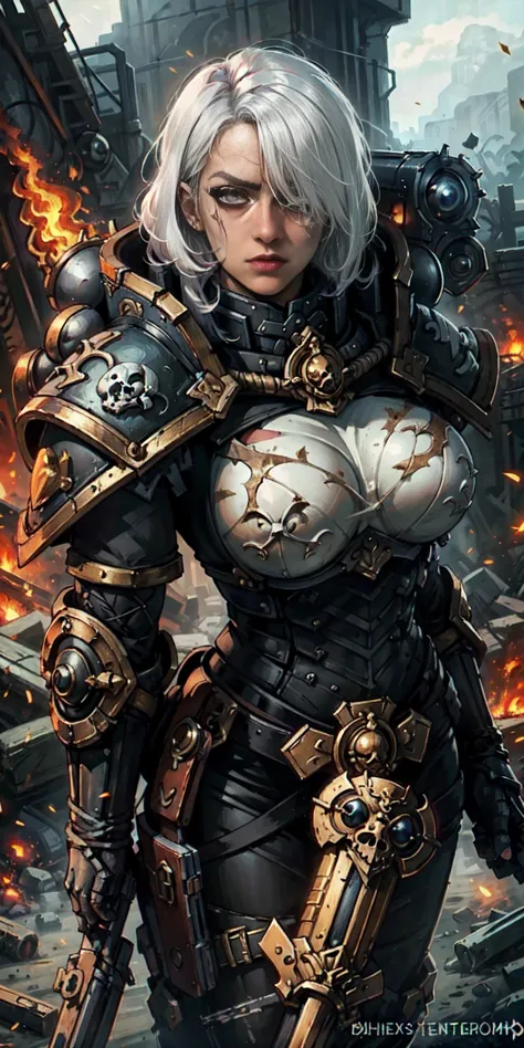 (masterpiece:1.2), (best quality:1.2), perfect eyes, perfect face, perfect lighting, 1girl, mature whore sororitas with bolter g...