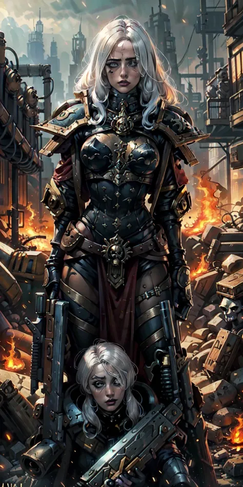 (masterpiece:1.2), (best quality:1.2), perfect eyes, perfect face, perfect lighting, 1girl, mature whore sororitas with bolter g...