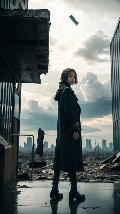 Brown short hair girl、A structure piercing the sky in the distance、anime art wallpaper 8k, 16k、(Disparity society)、((One of his arms is made of machinery))、Black long boots、((A ruined world))、Destroyed City、(a girl standing at the rooftop of a building)、Cl...