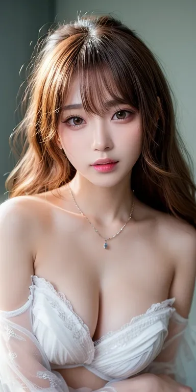 Canon RF85mmf/1.2,masterpiece,highest quality,Ultra-high resolution,VC,1 girl,(Korean mixed race,K-Pop Idols:1.2),alone,white_Shiny_skin,Iris,necklace,((Brown_length_Wavy_hair)),((pink_Shiny_lips)),eyelash,前hair,make,compensate,Shiny,pore,skin texture,brac...