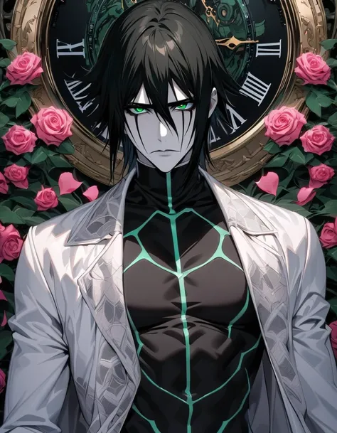 absurdres, highres, ultra detailed, HDR, masterpiece, extremely detailed face and eyes, perfect face, Ulquiorra Cifer, black hair, hair between the eyes, expressive green eyes, pale skin, Bleach, solo, sexy man, handsome, white coat, tight black shirt, pat...