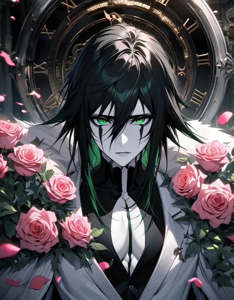 absurdres, highres, ultra detailed, HDR, masterpiece, extremely detailed face and eyes, perfect face, Ulquiorra Cifer, black hair, hair between the eyes, expressive green eyes, pale skin, Bleach, solo, sexy man, handsome, white coat, tight black shirt, pat...