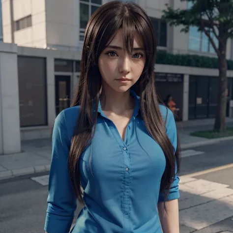 anime girl with long hair and a blue shirt posing for a picture, realistic anime 3 d style, 3 d anime realistic, photorealistic anime, photorealistic anime girl render, smooth anime cg art, anime styled 3d, realistic anime artstyle, anime realism style, an...