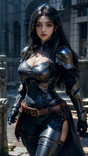 Unreal Engine, photorealistic, high resolution, 1 girl, hips up, black hair, long hair, beautiful eyes, blue eyes, normal breast, dark souls style, knight armor