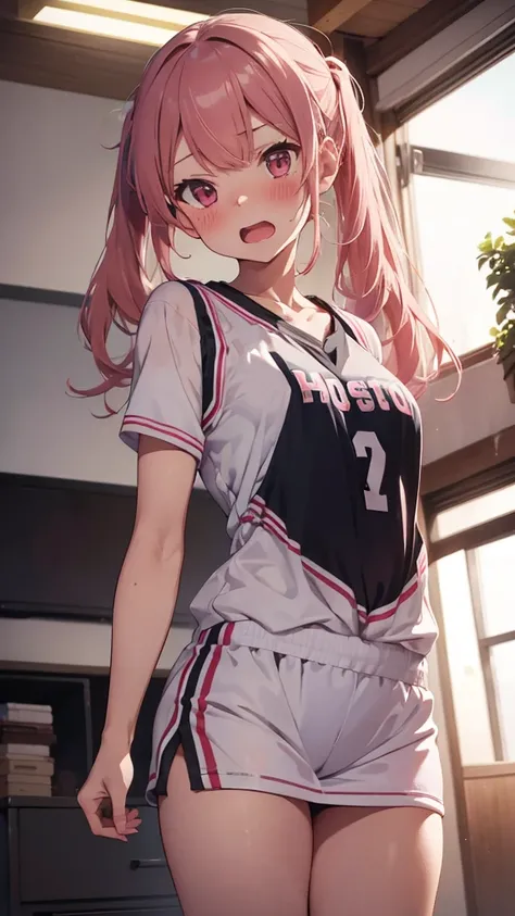 mastute piece,Best Quality,insanely detailed,8k cg,
shoot upper body,
1girl,standing,body in front,looking at viewer,(basketball uniform),
blush,shy,(trembling:1.2),pink hair,break,open mouth,basketball court,