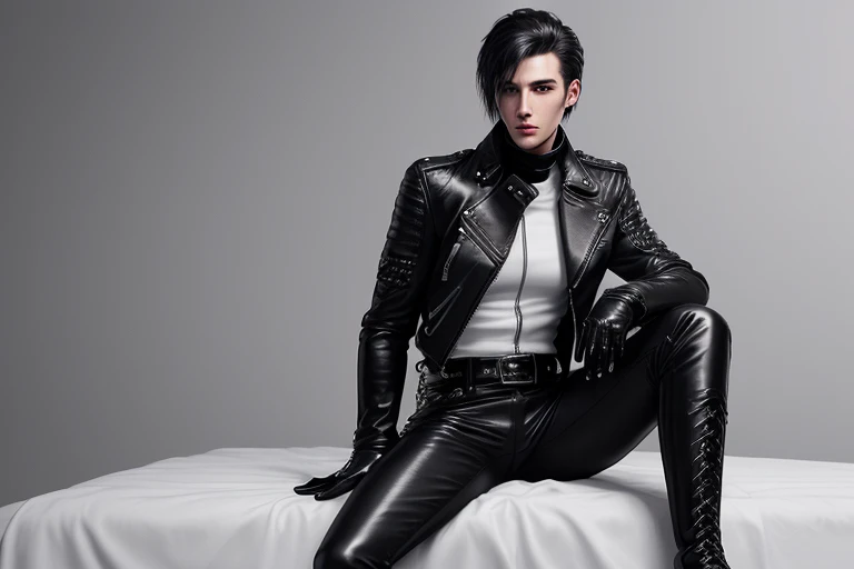 Final Fantasy-style graphics, young, Cute and cool Japanese boys, Thin eyebrows and big eyes,  He is wearing a shiny white single-breasted leather jacket..。Biker style leather jacket、 with epaulettes,  The jacket is zipped up, The jacket pockets are black....