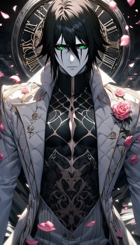 absurdres, highres, ultra detailed, HDR, masterpiece, extremely detailed face and eyes, perfect face, Ulquiorra Cifer, black hair, hair between the eyes, expressive green eyes, pale skin, Bleach, solo, sexy man, handsome, white coat, tight black shirt, pat...