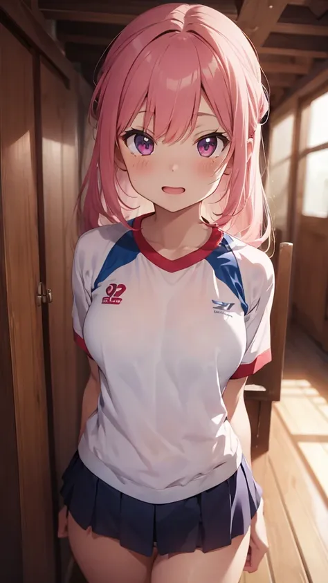 mastute piece,Best Quality,insanely detailed,8k cg,
shoot upper body,
1girl,standing,body in front,looking at viewer,(volleyball uniform,buruma),
blush,shy,(trembling:1.2),pink hair,break,open mouth,volleyball court,