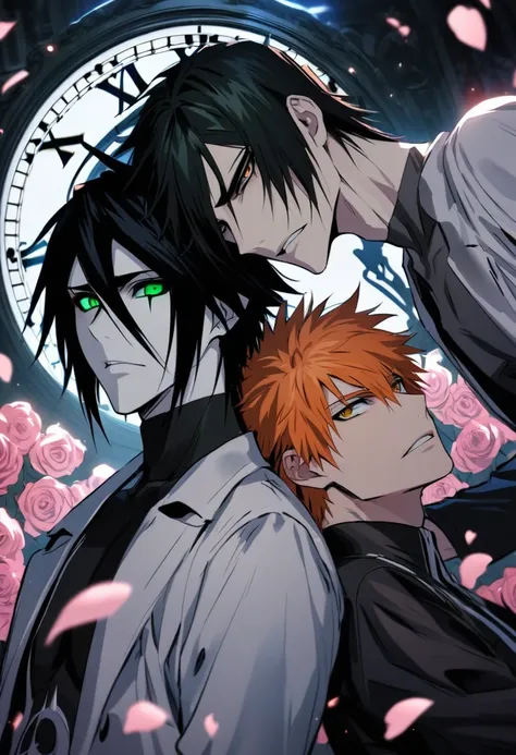 absurdres, highres, ultra detailed, HDR, masterpiece, extremely detailed face and eyes, perfect face, Ulquiorra Cifer with pale skin, black hair, hair between the eyes, expressive green eyes, Bleach, Kurosaki Ichigo, orange hair, expressive brown eyes, two...