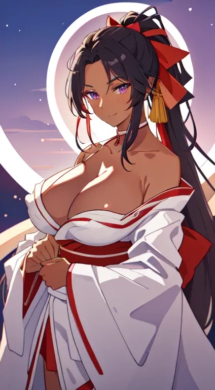 masterpiece, best quality, anime Illustration, 4k, 1 girl, solo, standing, long hair, black hair, violet eyes, high ponytail, red hair ribbon, red ribbon, red hakama and white kimono, thin fabric, nipples, erect nipples, big breasts, huge breasts, looking_...