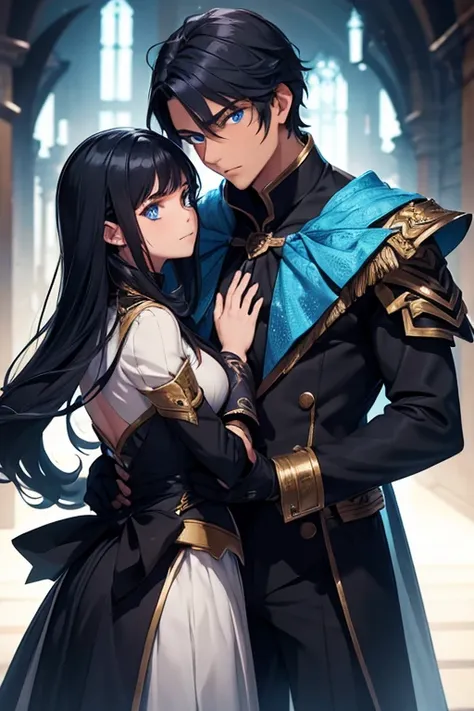 A man is holding a teenage girl from behind. They are wearing fantasy uniforms. the girl hates the man. Blue eyes and black hair.