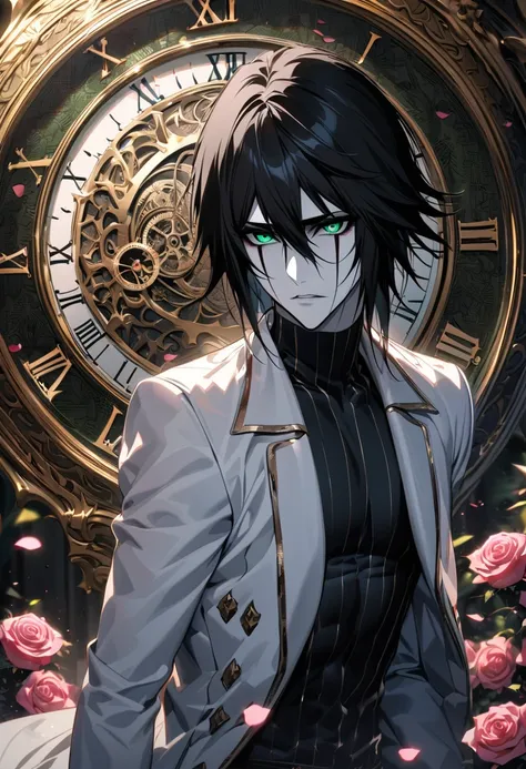 absurdres, highres, ultra detailed, HDR, masterpiece, extremely detailed face and eyes, perfect face, Ulquiorra Cifer, black hair, hair between the eyes, expressive green eyes, pale skin, Bleach, solo, sexy man, handsome, white coat, tight black shirt, pat...